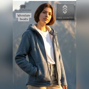 NWT Free Country Mountain Fleece Hooded Jacket Size M Stormy-Blue Full Pull Zip